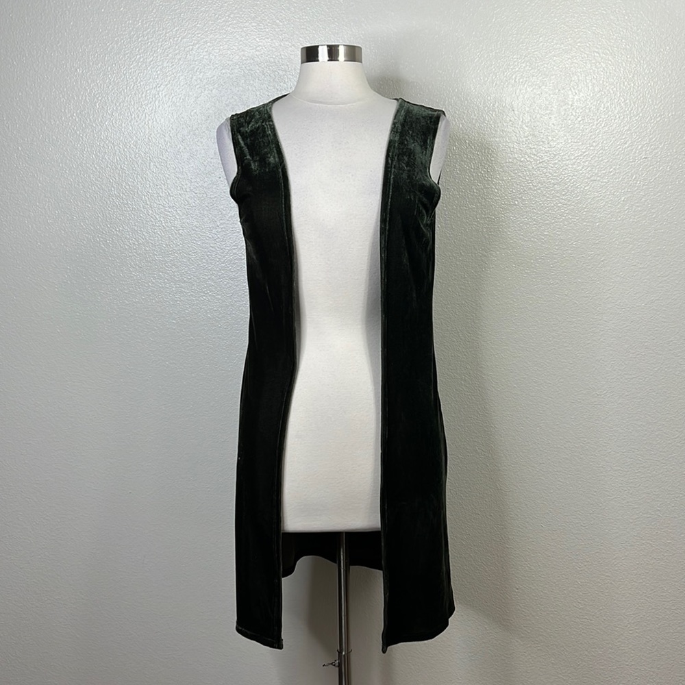 02. LIFE Dark Green Open Front Velvet Duster Vest